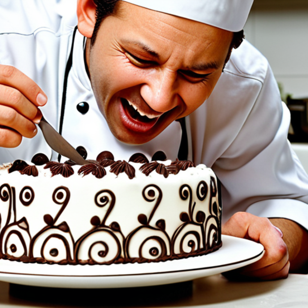 **

A chef passionately decorating a cake with intricate detail, showcasing creativity and artistry in a professional kitchen setting. Focus on the joy and satisfaction in their expression.

**