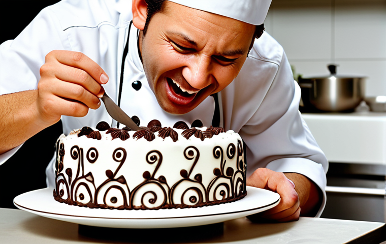 **
A chef passionately decorating a cake with intricate detail, showcasing creativity and artistry in a professional kitchen setting. Focus on the joy and satisfaction in their expression.
**