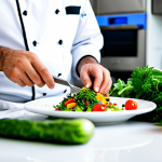 A professional male chef, fully clothed in a clean white chef's jacket and apron, expertly plating a vibrant plant-based fusion dish on a sleek white counter in a brightly lit, modern professional kitchen. His hands are precisely arranging colorful, fresh vegetables and unique herbs. The background features stainless steel appliances and subtle culinary tools. The image is a high-quality professional photograph with a shallow depth of field, emphasizing the intricate details of the dish and the chef's skilled hands. perfect anatomy, correct proportions, natural pose, well-formed hands, proper finger count, natural body proportions, safe for work, appropriate content, modest clothing, professional dress.