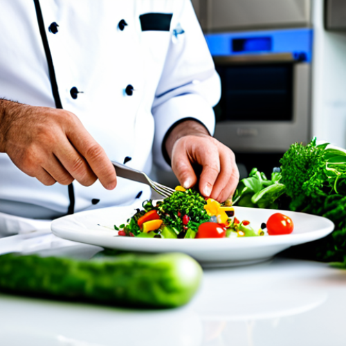 A professional male chef, fully clothed in a clean white chef's jacket and apron, expertly plating a vibrant plant-based fusion dish on a sleek white counter in a brightly lit, modern professional kitchen. His hands are precisely arranging colorful, fresh vegetables and unique herbs. The background features stainless steel appliances and subtle culinary tools. The image is a high-quality professional photograph with a shallow depth of field, emphasizing the intricate details of the dish and the chef's skilled hands. perfect anatomy, correct proportions, natural pose, well-formed hands, proper finger count, natural body proportions, safe for work, appropriate content, modest clothing, professional dress.