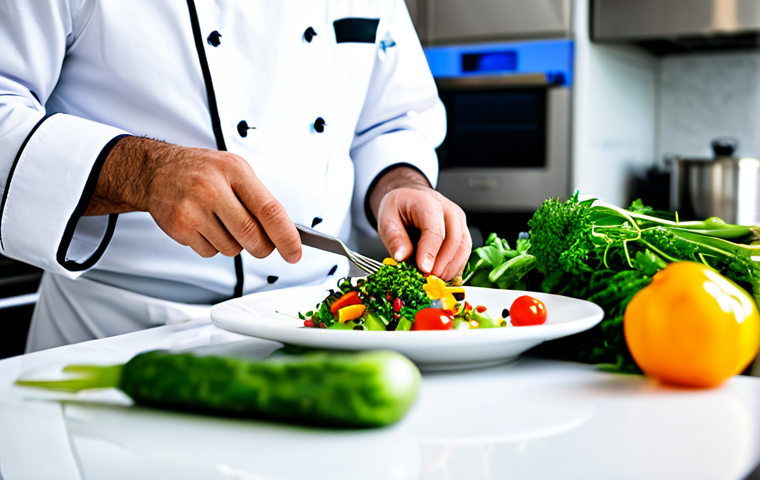 A professional male chef, fully clothed in a clean white chef's jacket and apron, expertly plating a vibrant plant-based fusion dish on a sleek white counter in a brightly lit, modern professional kitchen. His hands are precisely arranging colorful, fresh vegetables and unique herbs. The background features stainless steel appliances and subtle culinary tools. The image is a high-quality professional photograph with a shallow depth of field, emphasizing the intricate details of the dish and the chef's skilled hands. perfect anatomy, correct proportions, natural pose, well-formed hands, proper finger count, natural body proportions, safe for work, appropriate content, modest clothing, professional dress.