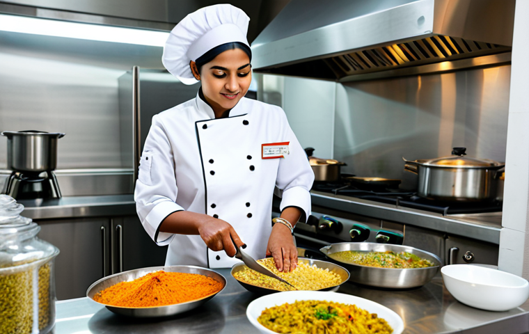양식조리 자격증 취득 후 해외 취업 가능성 - ** A professional female chef, fully clothed in a modest, crisp white chef's coat and hat, preparing...