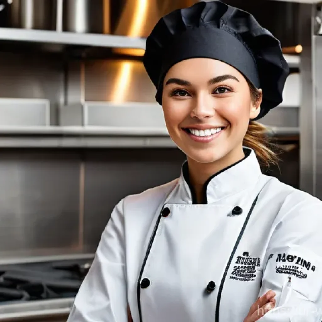 양식조리 자격증 시험 일정 2025 - **A highly detailed portrait of a young, enthusiastic female chef in her mid-20s, wearing a crisp, p...