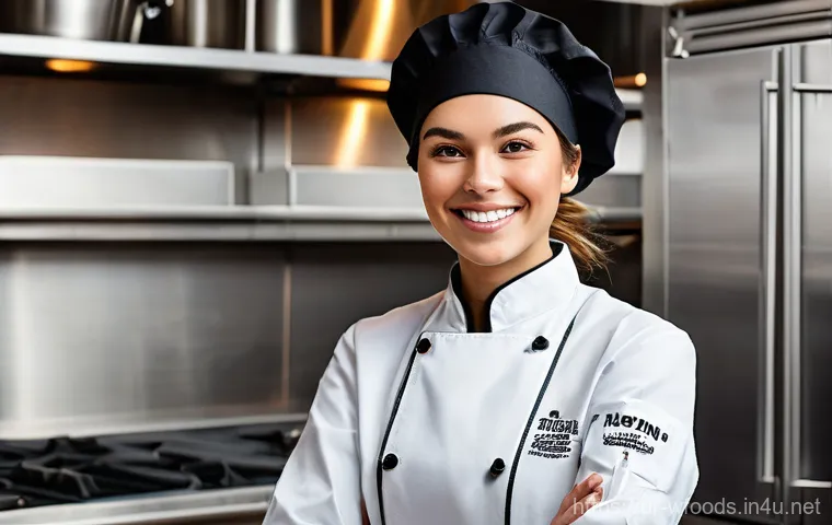 양식조리 자격증 시험 일정 2025 - **A highly detailed portrait of a young, enthusiastic female chef in her mid-20s, wearing a crisp, p...