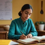Home 20 양식조리 기능사 필기 기출문제 풀이 - "A focused young woman, dressed in modest, comfortable attire such as a long-sleeved shirt and trous...