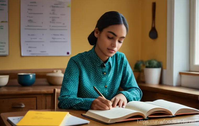 양식조리 기능사 필기 기출문제 풀이 - "A focused young woman, dressed in modest, comfortable attire such as a long-sleeved shirt and trous...