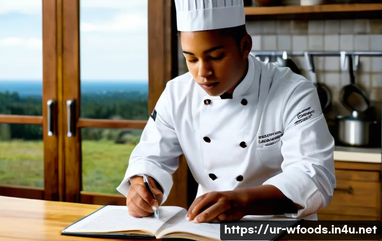 양식조리 기능사 시험 기출 문제 분석 - **Prompt:** A young, focused chef, dressed in a clean, white chef's jacket, is diligently studying f...